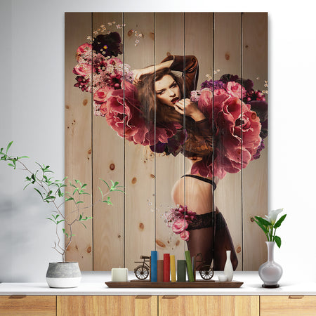 Nude Woman with Pink Flowers - Large Portrait Print on Natural Pine Wood