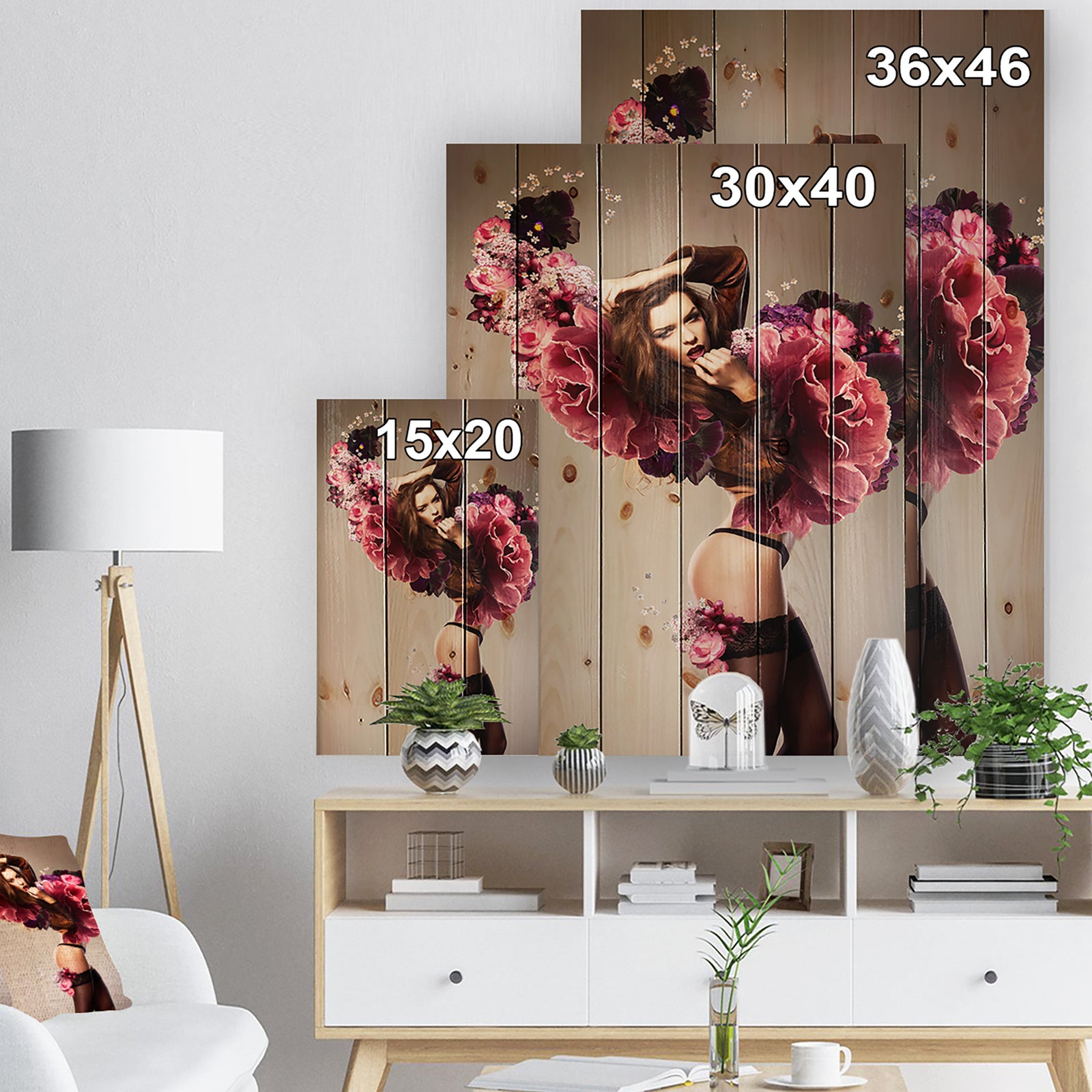 Nude Woman with Pink Flowers - Large Portrait Print on Natural Pine Wood