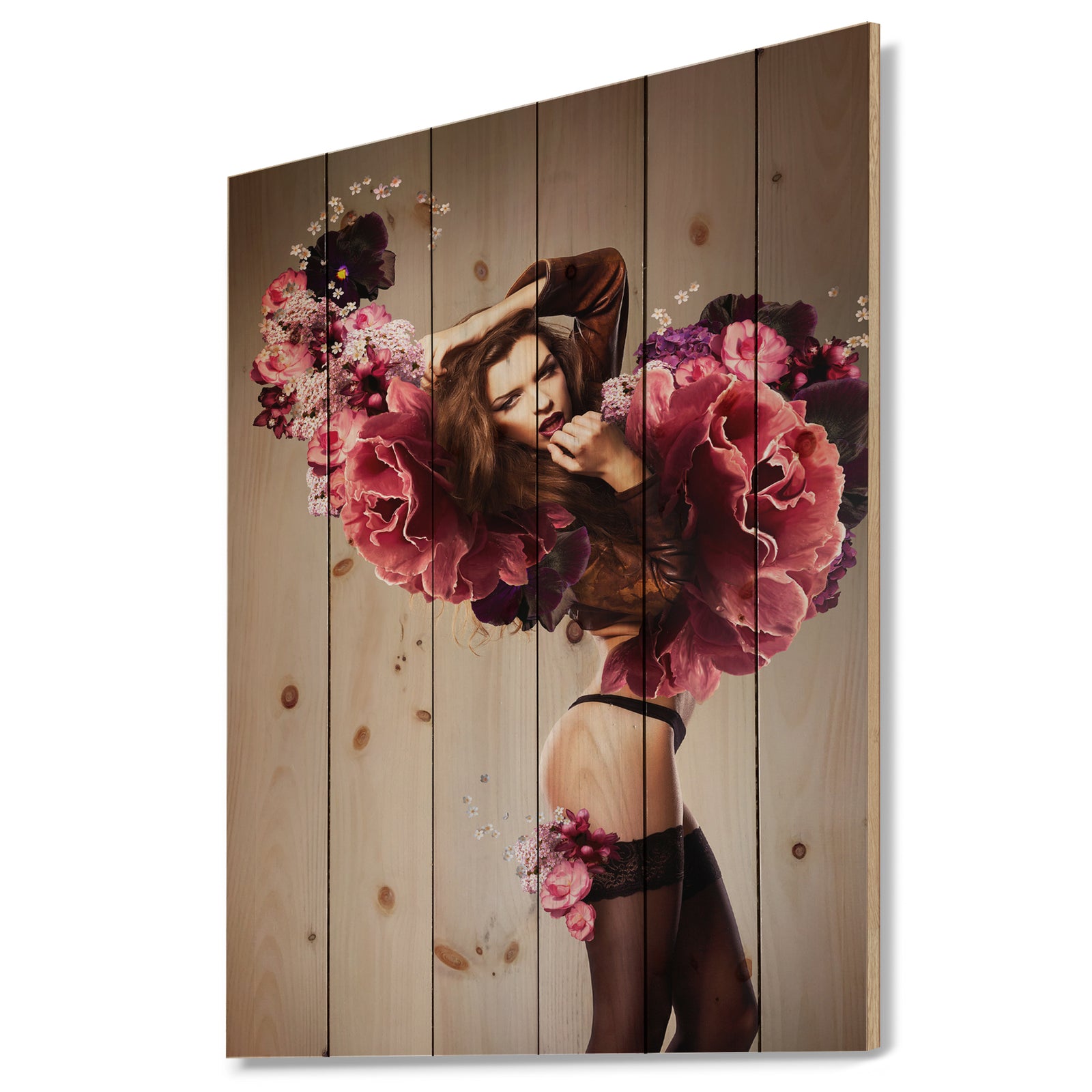 Nude Woman with Pink Flowers - Large Portrait Print on Natural Pine Wood