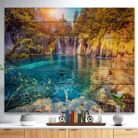 Turquoise Water and Sunny Beams - Landscape Photography Print on Natural Pine Wood