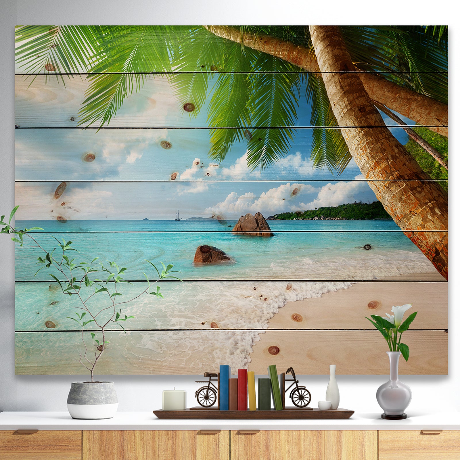 Praslin Island Seychelles Beach - Seashore Photo Print on Natural Pine Wood