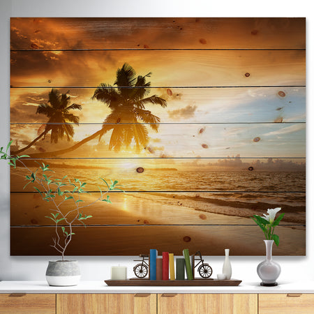 Caribbean Seashore Sunset - Seascape Photography Print on Natural Pine Wood