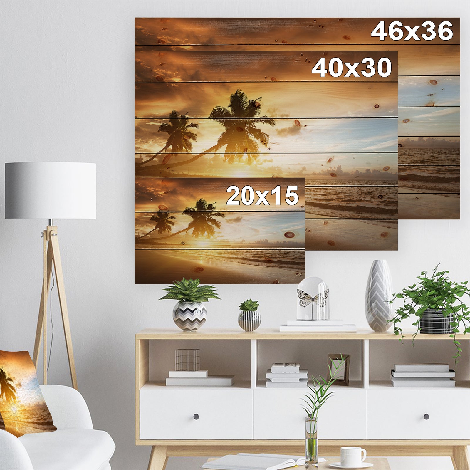 Caribbean Seashore Sunset - Seascape Photography Print on Natural Pine Wood