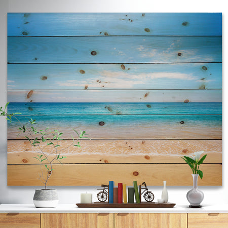 Wide Blue Sky Over Beach - Seashore Photo Print on Natural Pine Wood