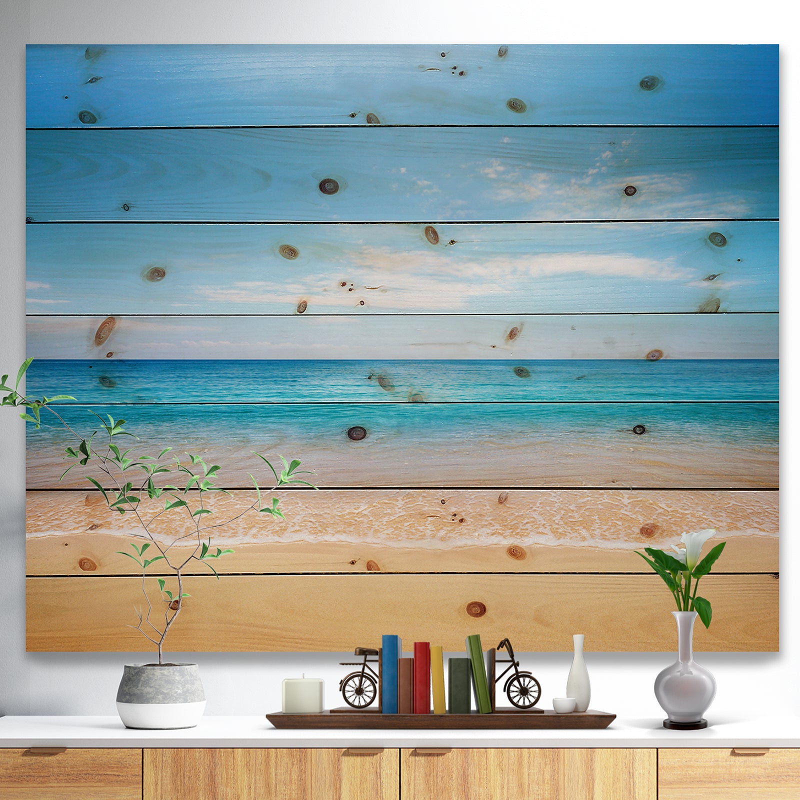Wide Blue Sky Over Beach - Seashore Photo Print on Natural Pine Wood
