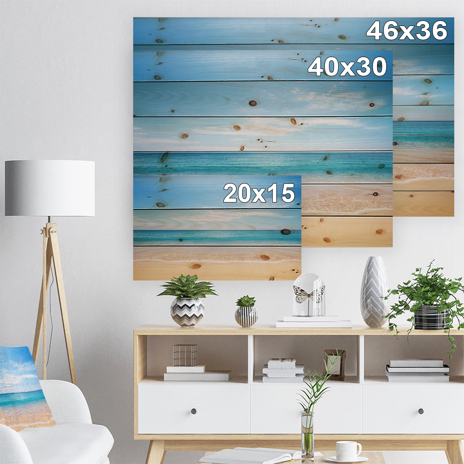 Wide Blue Sky Over Beach - Seashore Photo Print on Natural Pine Wood