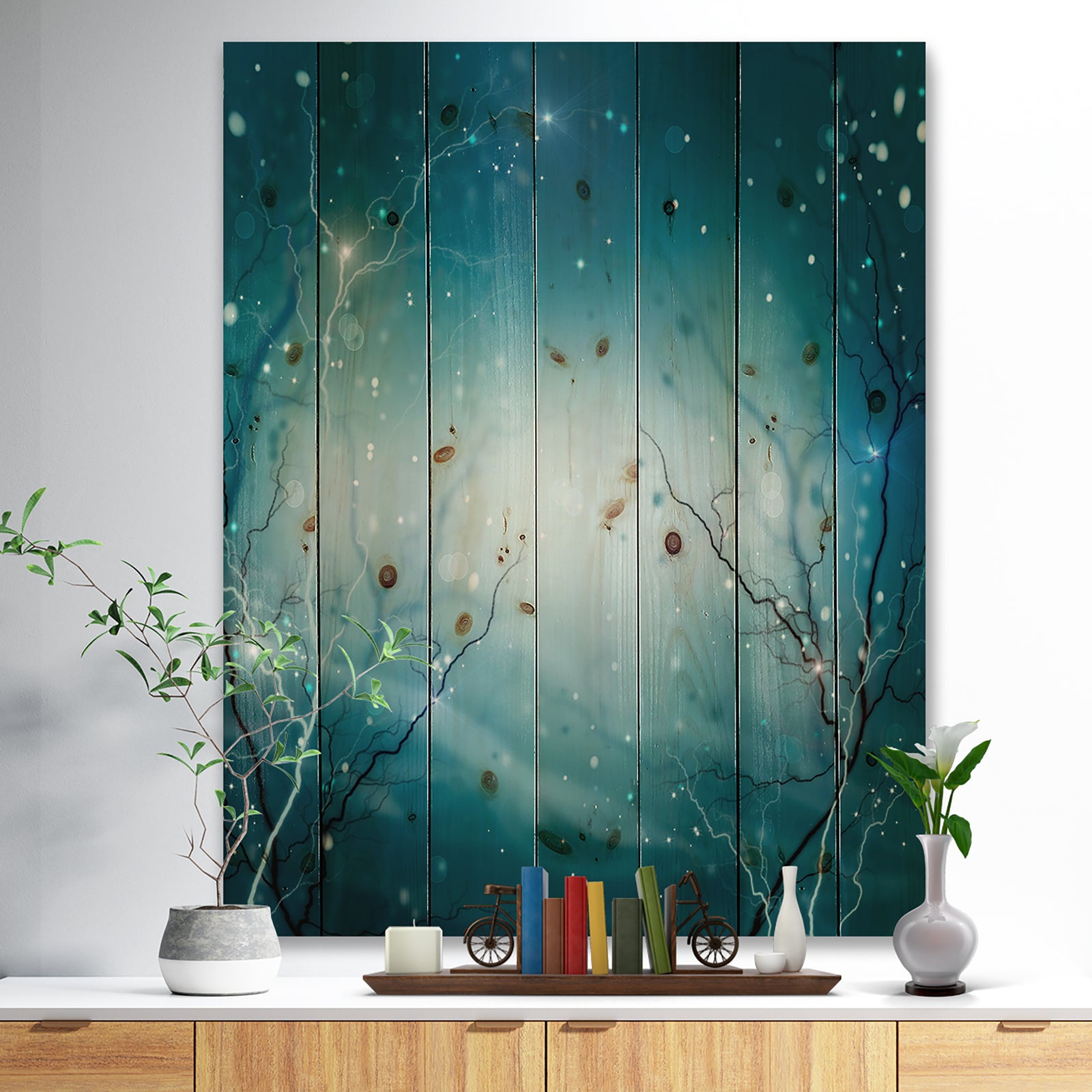 Blue Winter Fantasy Forest - Landscape Photo Print on Natural Pine Wood