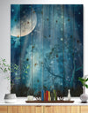 Big Moon in Blue Forest - Large Landscape Print on Natural Pine Wood