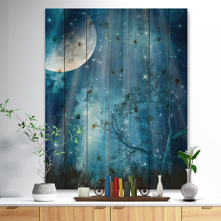 Big Moon in Blue Forest - Large Landscape Print on Natural Pine Wood