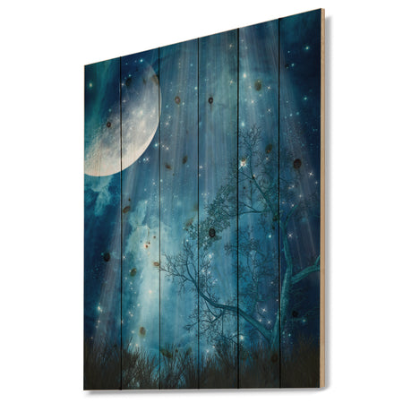 Big Moon in Blue Forest - Large Landscape Print on Natural Pine Wood