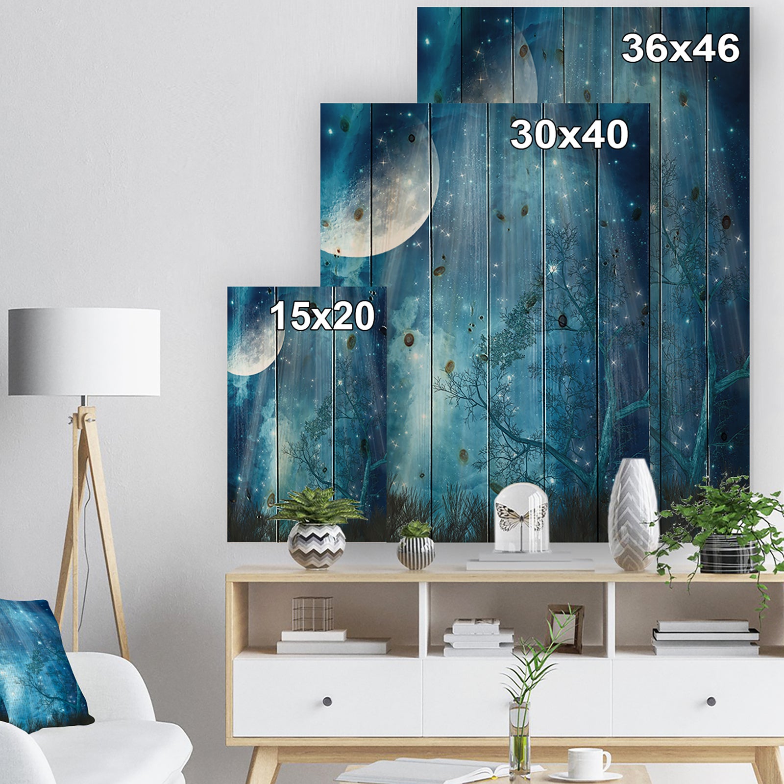 Big Moon in Blue Forest - Large Landscape Print on Natural Pine Wood