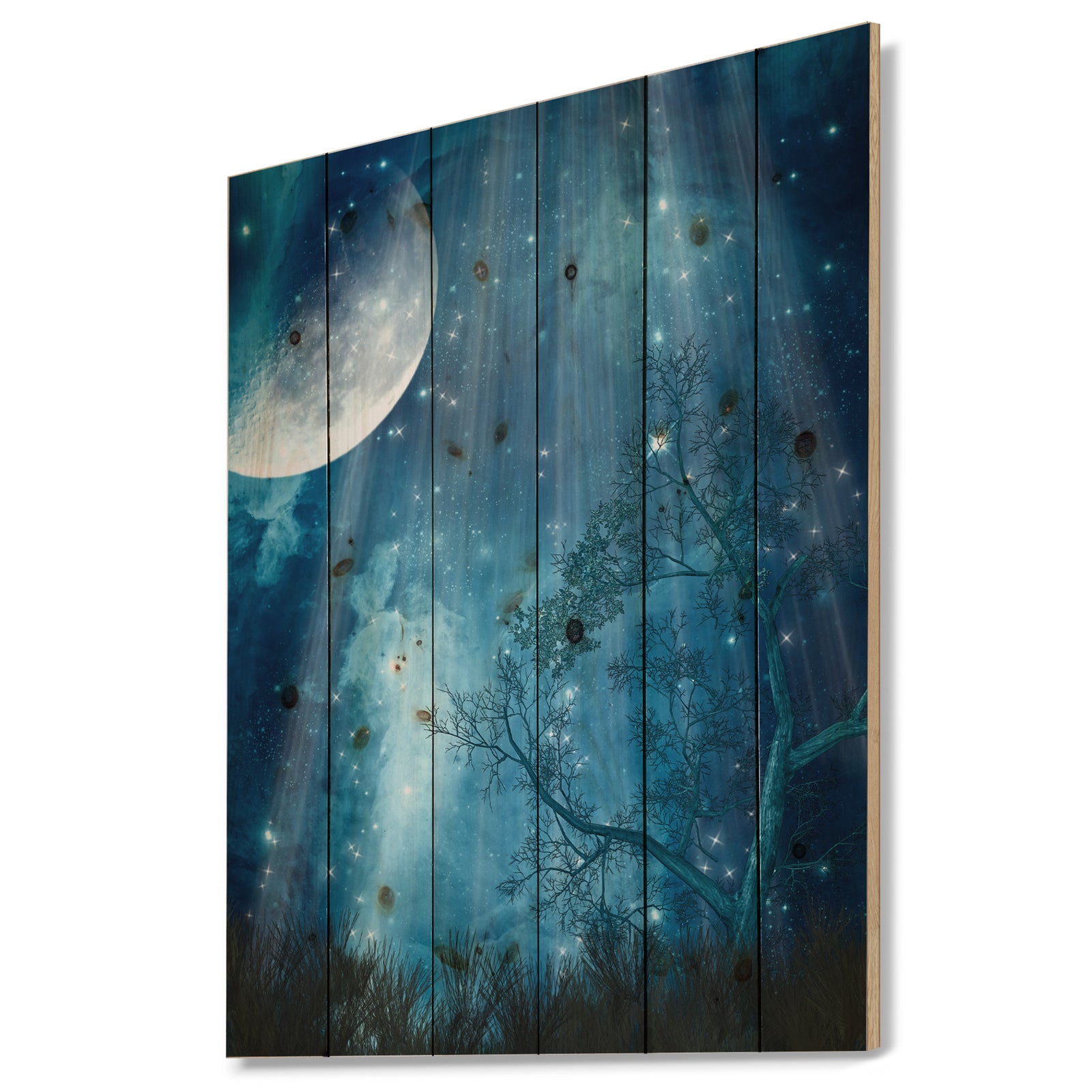 Big Moon in Blue Forest - Large Landscape Print on Natural Pine Wood