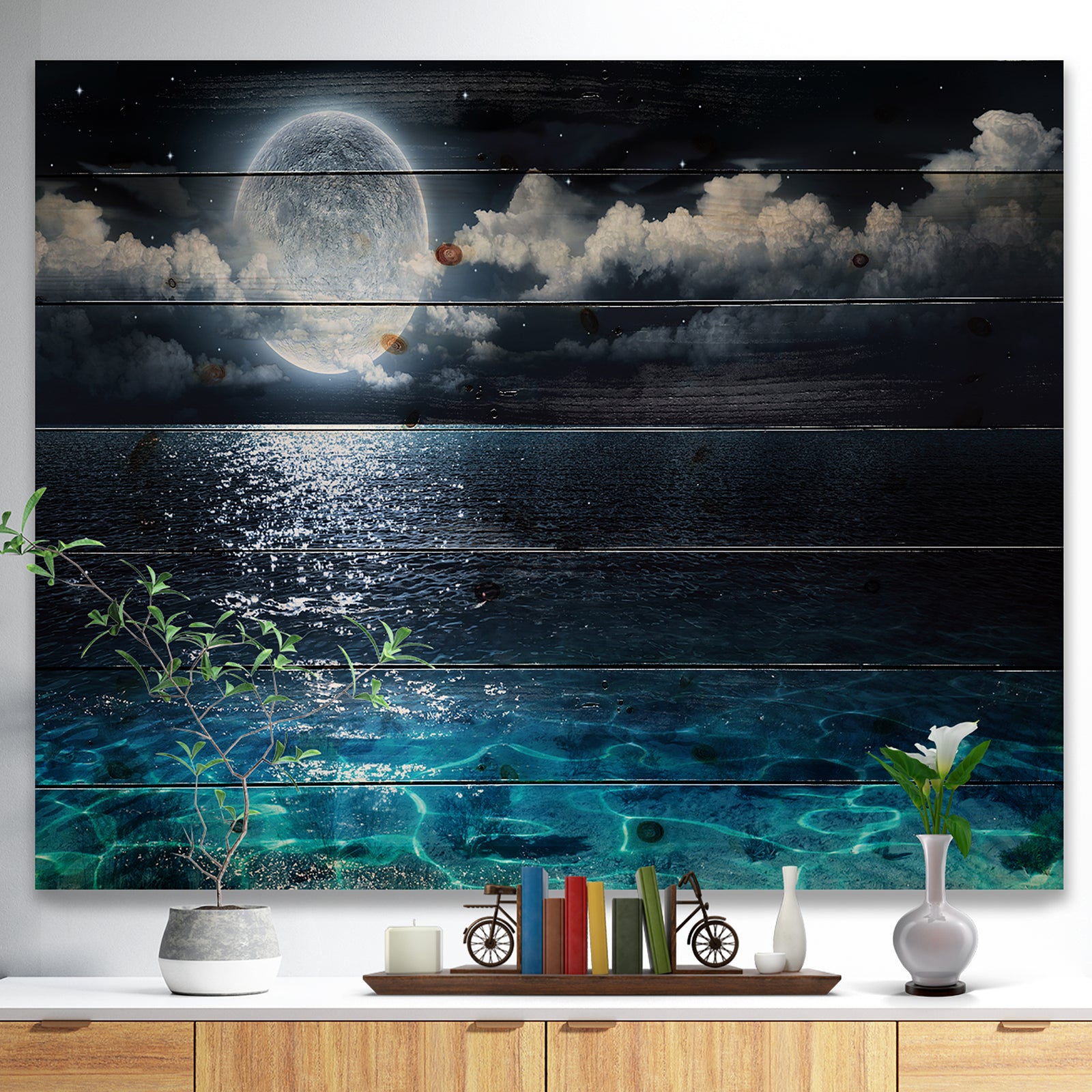 Romantic Full Moon Over Sea - Seascape Print on Natural Pine Wood