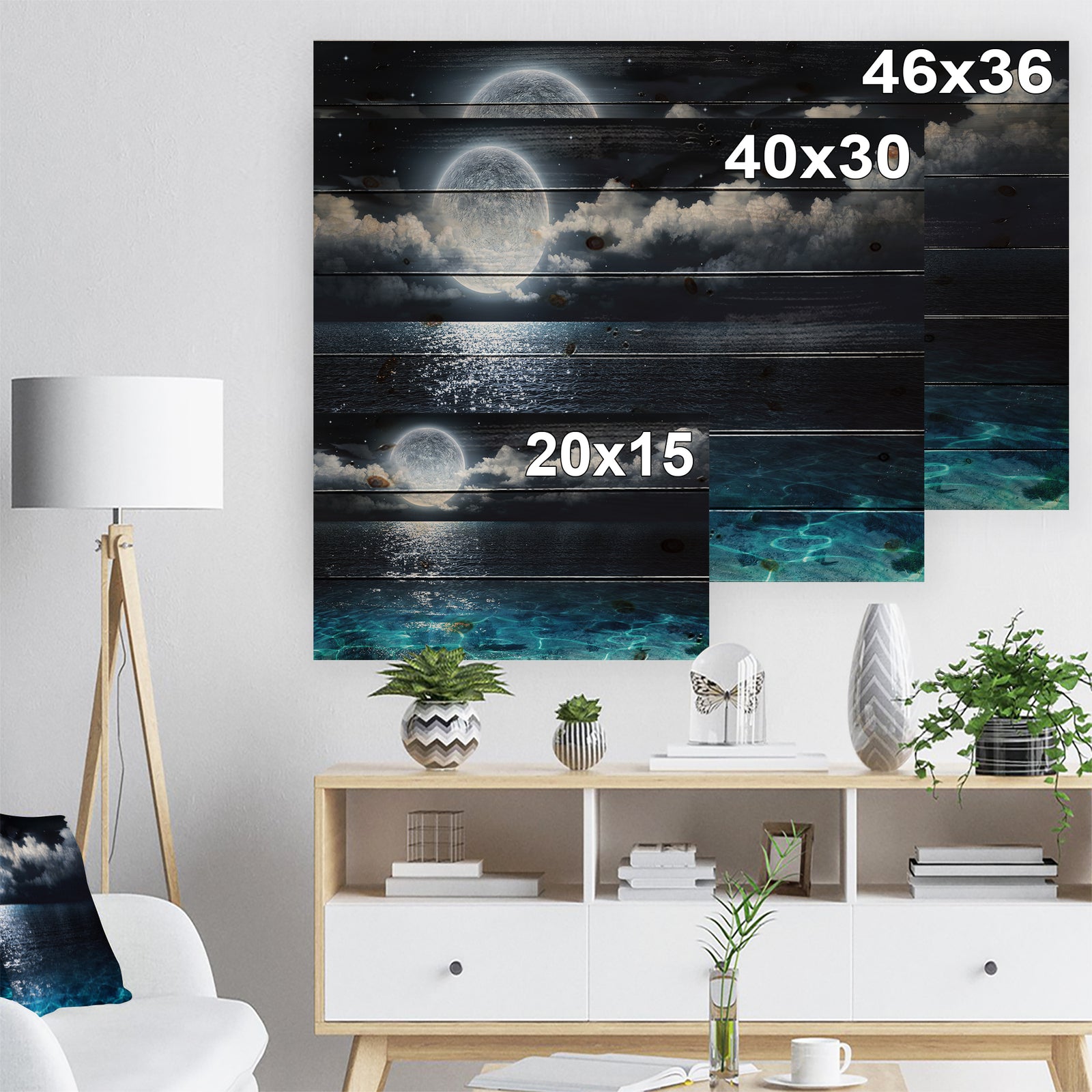 Romantic Full Moon Over Sea - Seascape Print on Natural Pine Wood