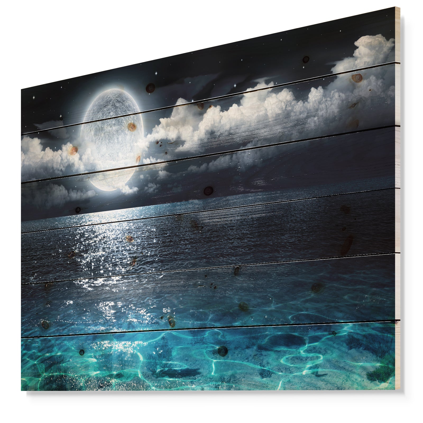 Romantic Full Moon Over Sea - Seascape Print on Natural Pine Wood