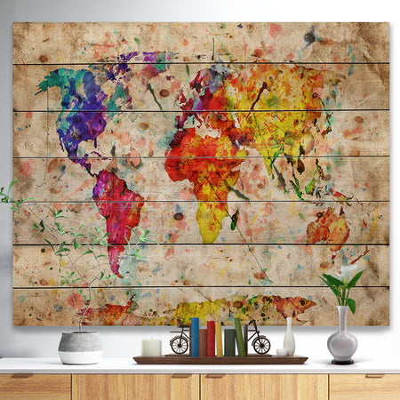 Vintage World Map Watercolor - Map Print on Natural Pine Wood