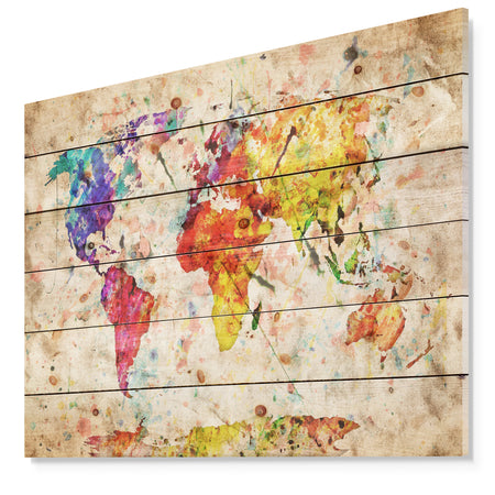 Vintage World Map Watercolor - Map Print on Natural Pine Wood