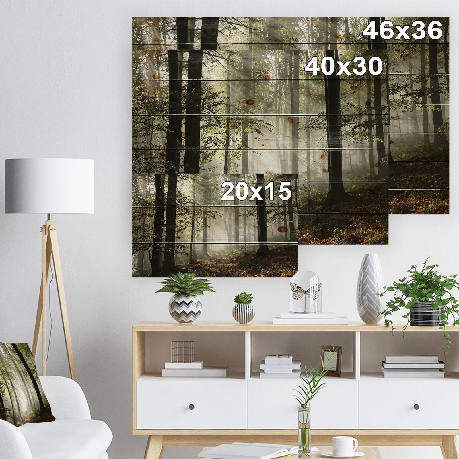 Light in Dense Fall Forest with Fog - Landscape Print on Natural Pine Wood