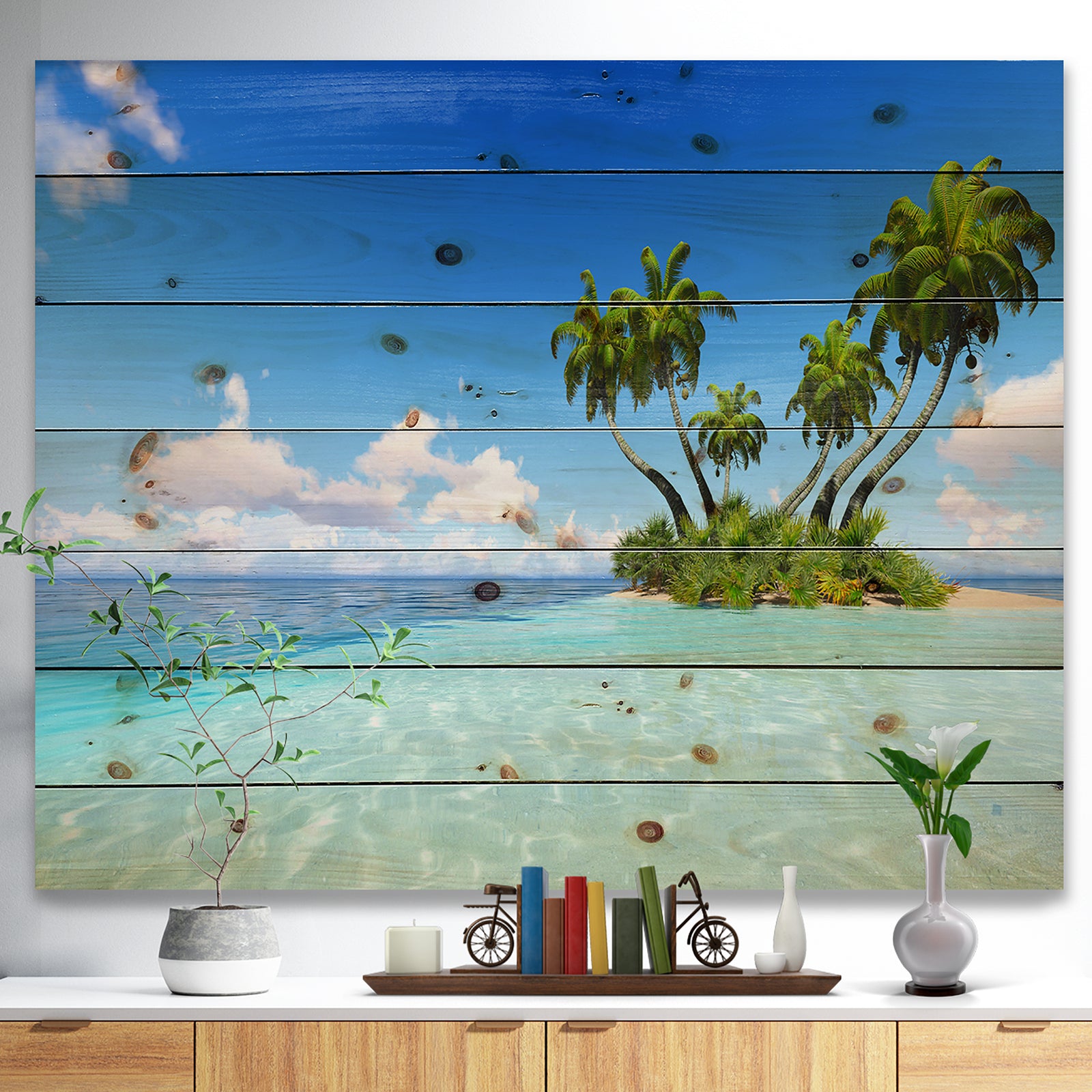Corals Island under Blue Sky - Seascape Print on Natural Pine Wood