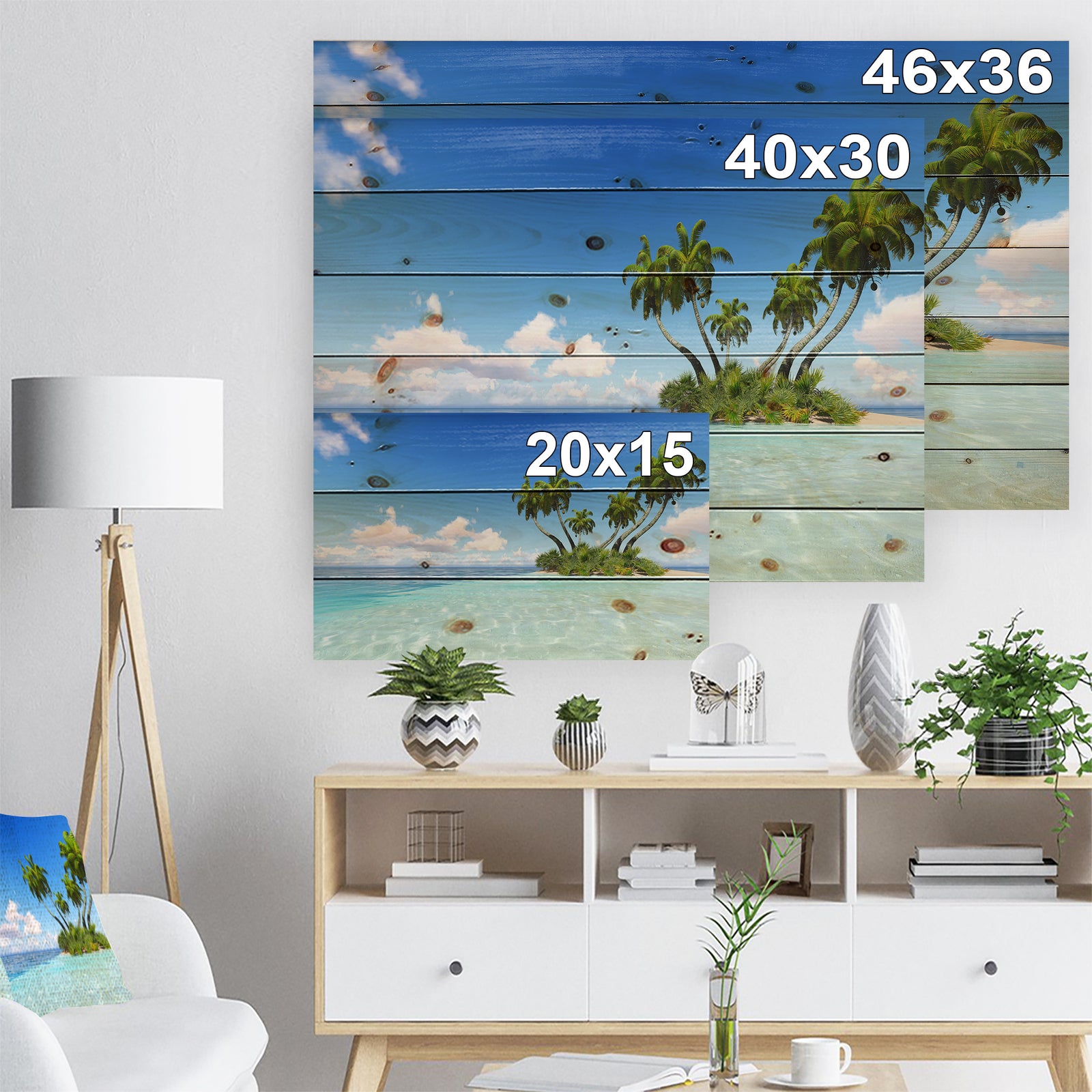 Corals Island under Blue Sky - Seascape Print on Natural Pine Wood