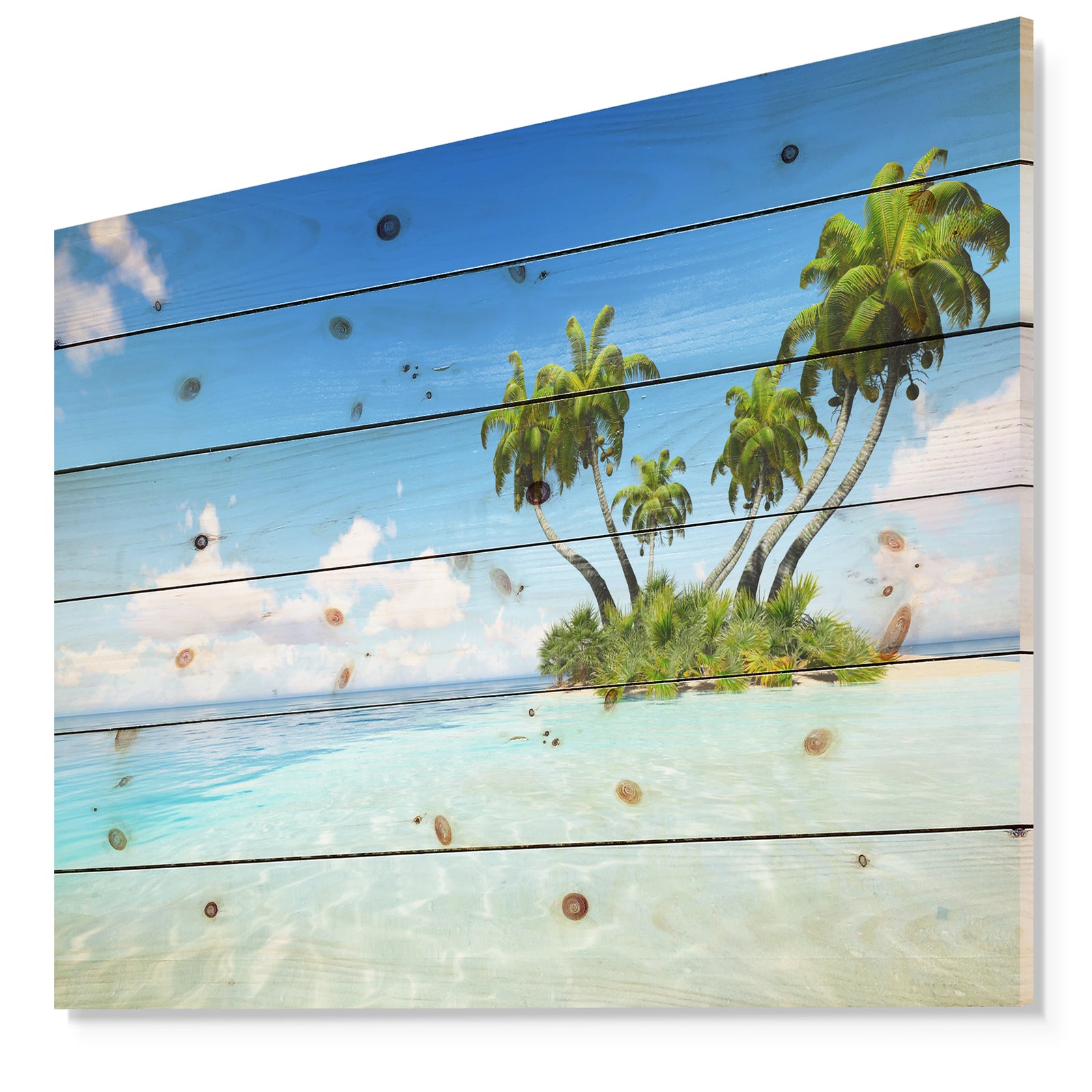 Corals Island under Blue Sky - Seascape Print on Natural Pine Wood