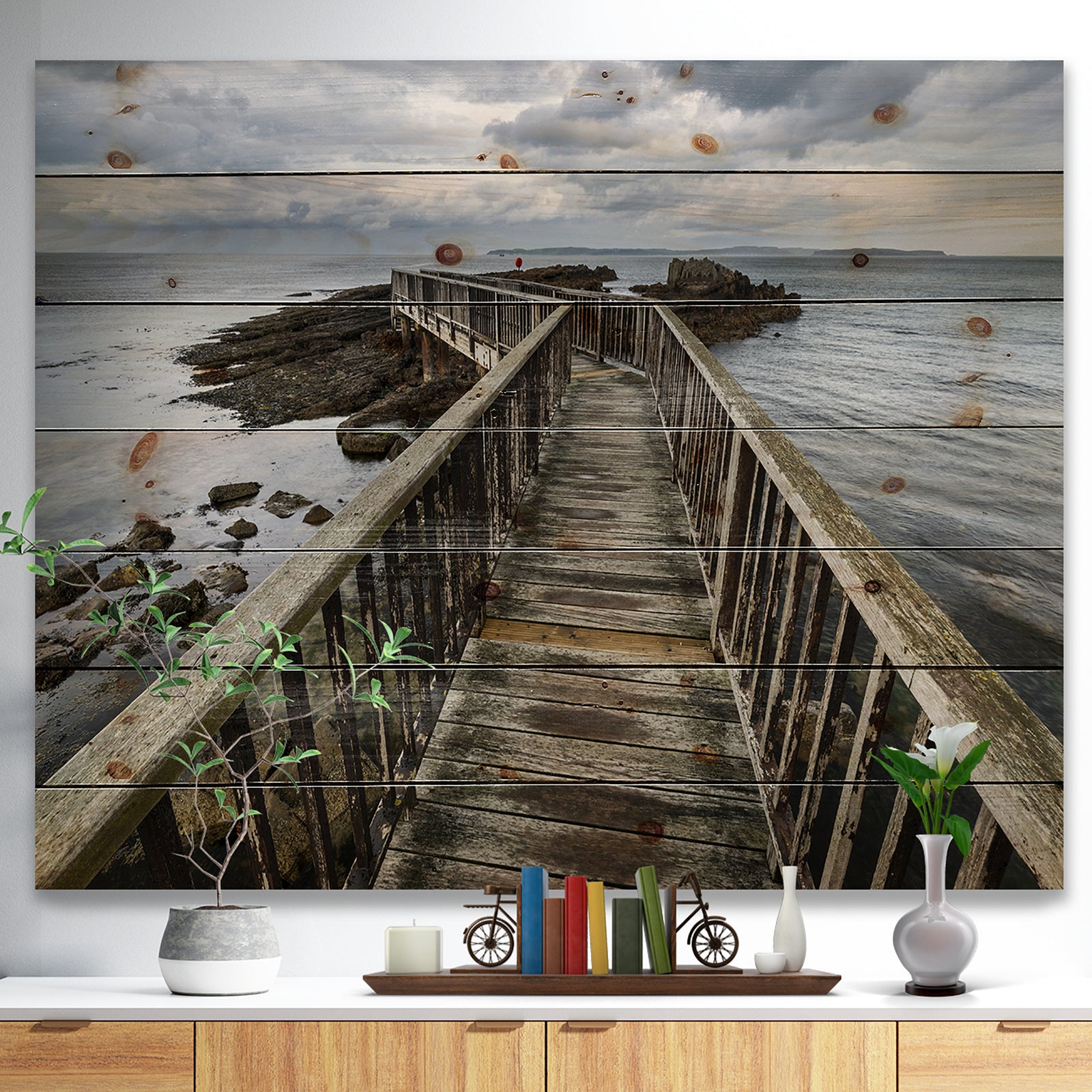 Wooden Pier on North Irish Coastline - Sea Bridge Print on Natural Pine Wood