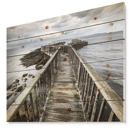 Wooden Pier on North Irish Coastline - Sea Bridge Print on Natural Pine Wood