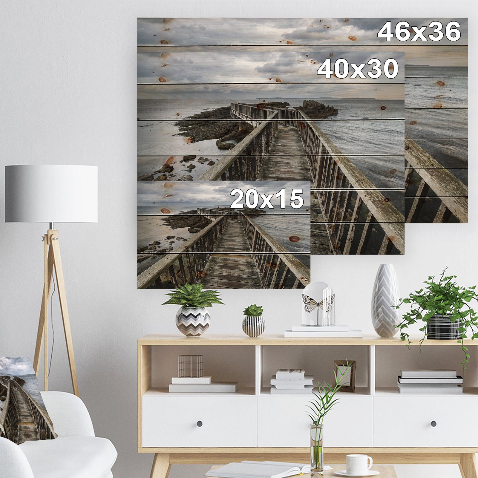Wooden Pier on North Irish Coastline - Sea Bridge Print on Natural Pine Wood