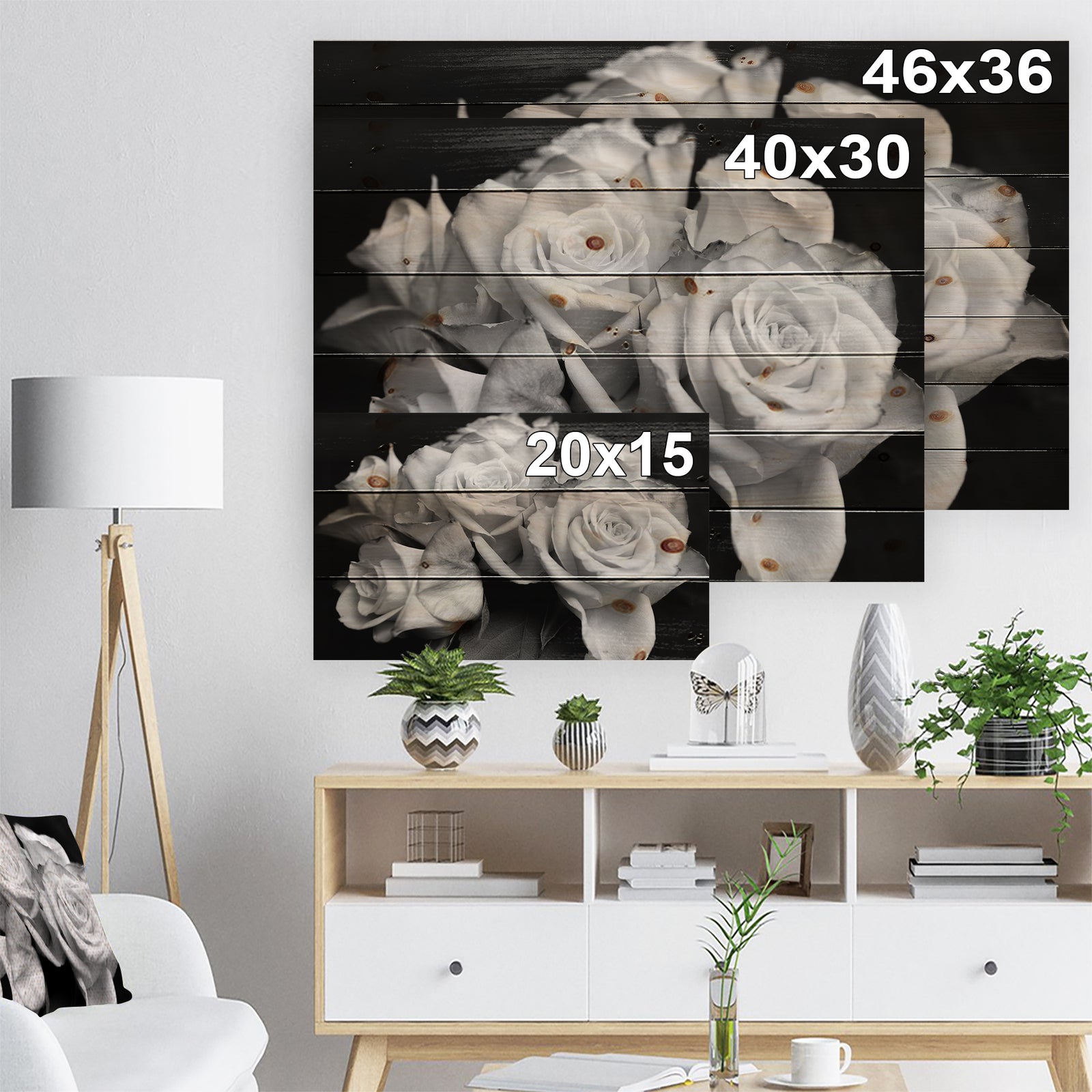Bunch of Roses Black and White - Floral Art Print on Natural Pine Wood