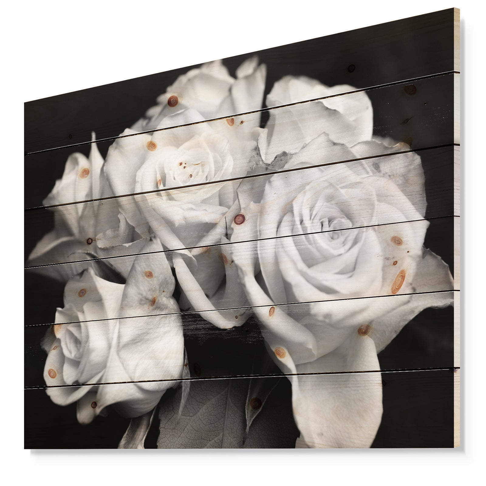 Bunch of Roses Black and White - Floral Art Print on Natural Pine Wood