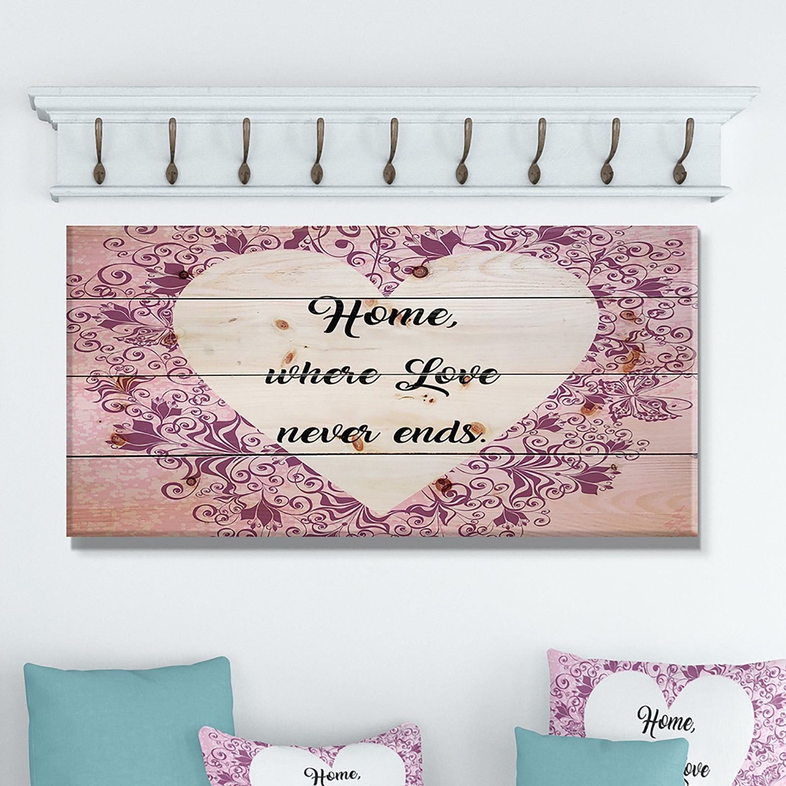 Home where Love never ends. Purple Heart - Textual Entrance Art on Wood Wall Art