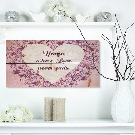 Home where Love never ends. Purple Floral - Textual Entrance Art on Wood Wall Art