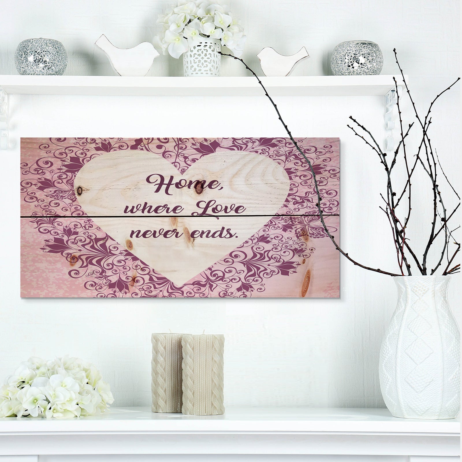Home where Love never ends. Purple Floral - Textual Entrance Art on Wood Wall Art