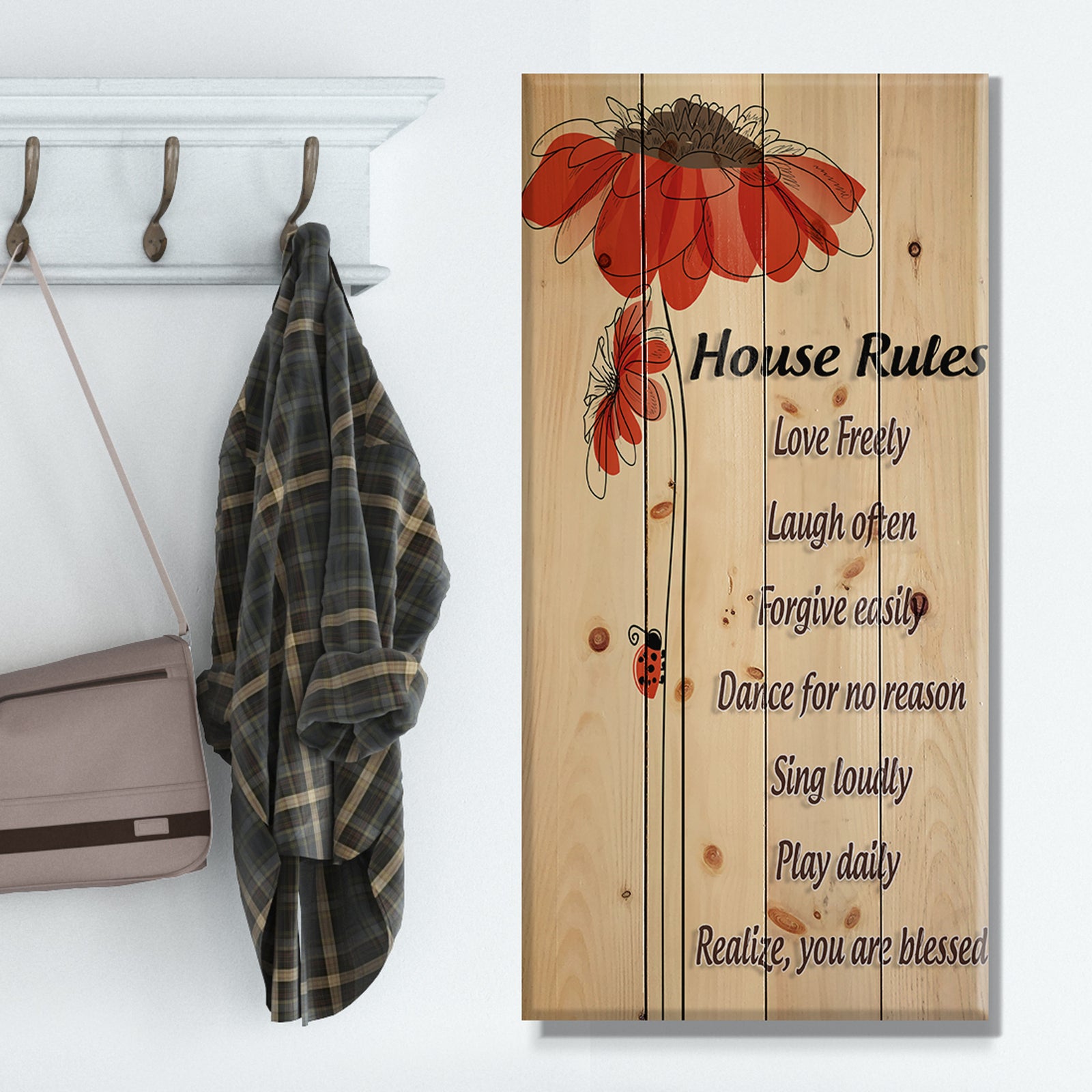 House Rules. Red Floral - Textual Entrance Art on Wood Wall Art
