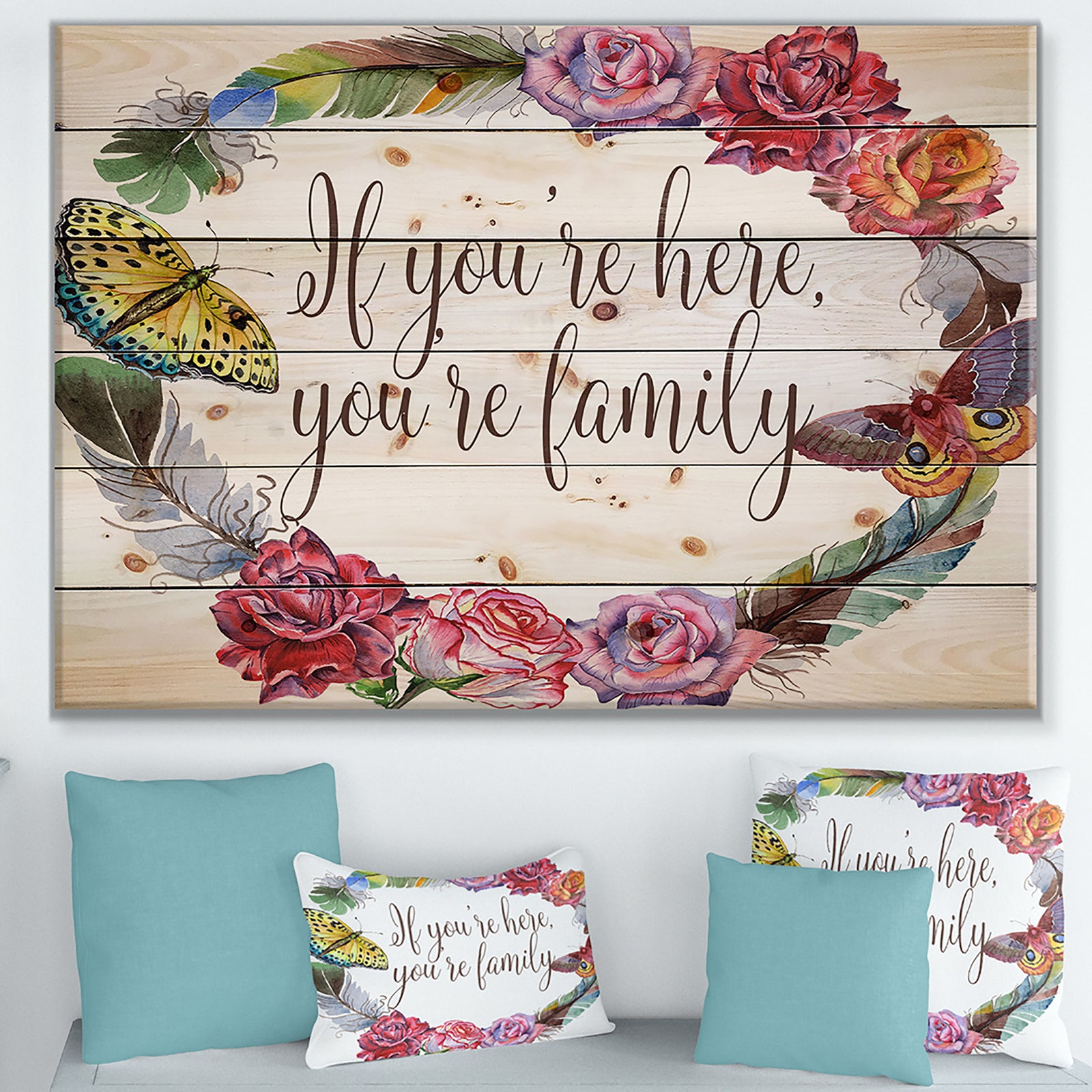 If you're here, you're family. Floral - Textual Entrance Art on Wood Wall Art