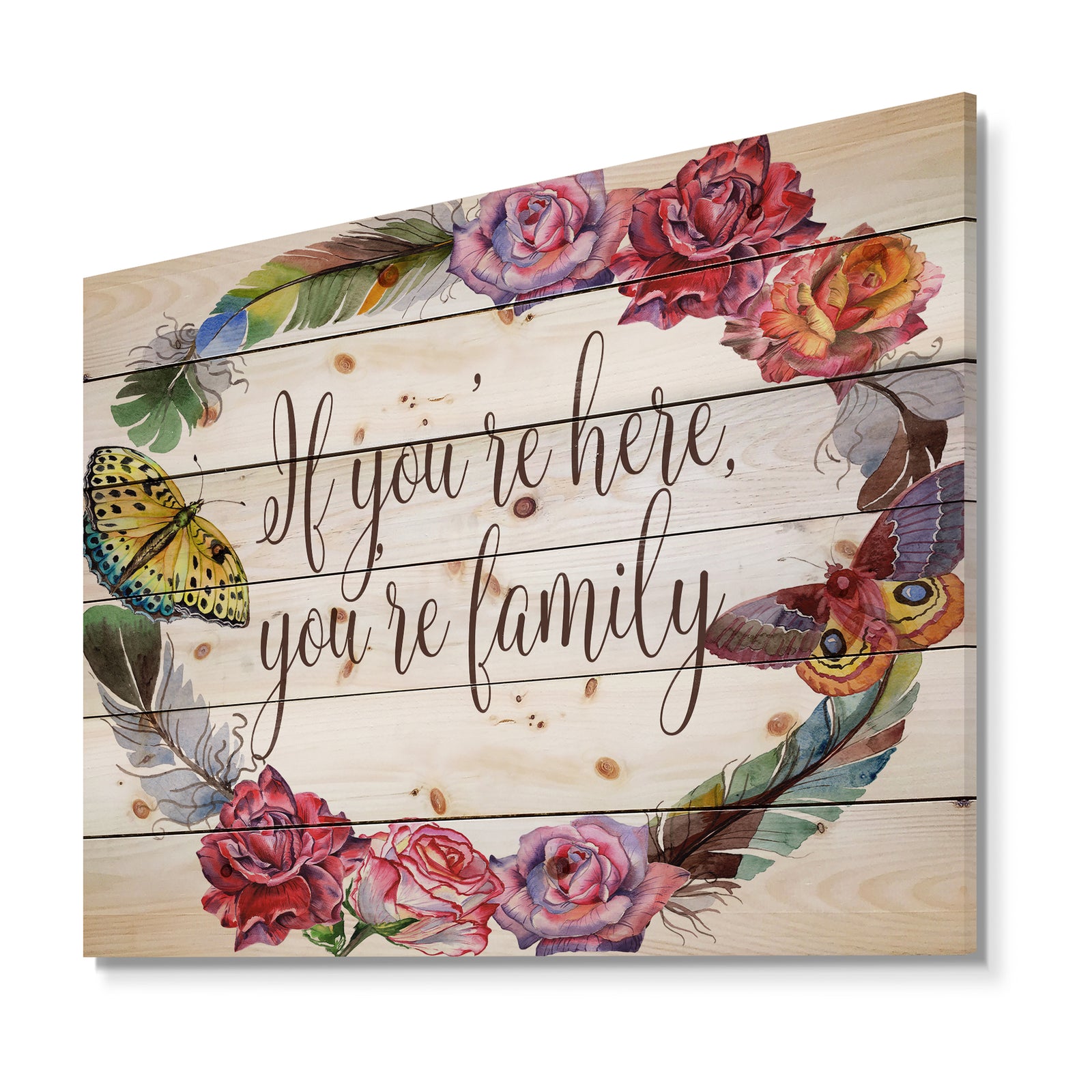 If you're here, you're family. Floral - Textual Entrance Art on Wood Wall Art