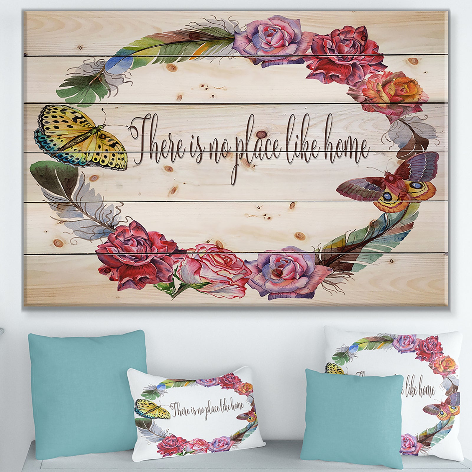 There is no place like home. Floral - Textual Entrance Art on Wood Wall Art