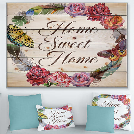 Home Sweet Home Butterfly Floral Wreath - Textual Entrance Art on Wood Wall Art