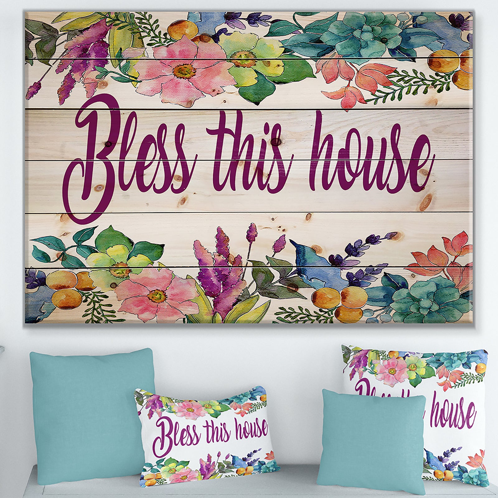 Bless this home. Floral - Textual Entrance Art on Wood Wall Art