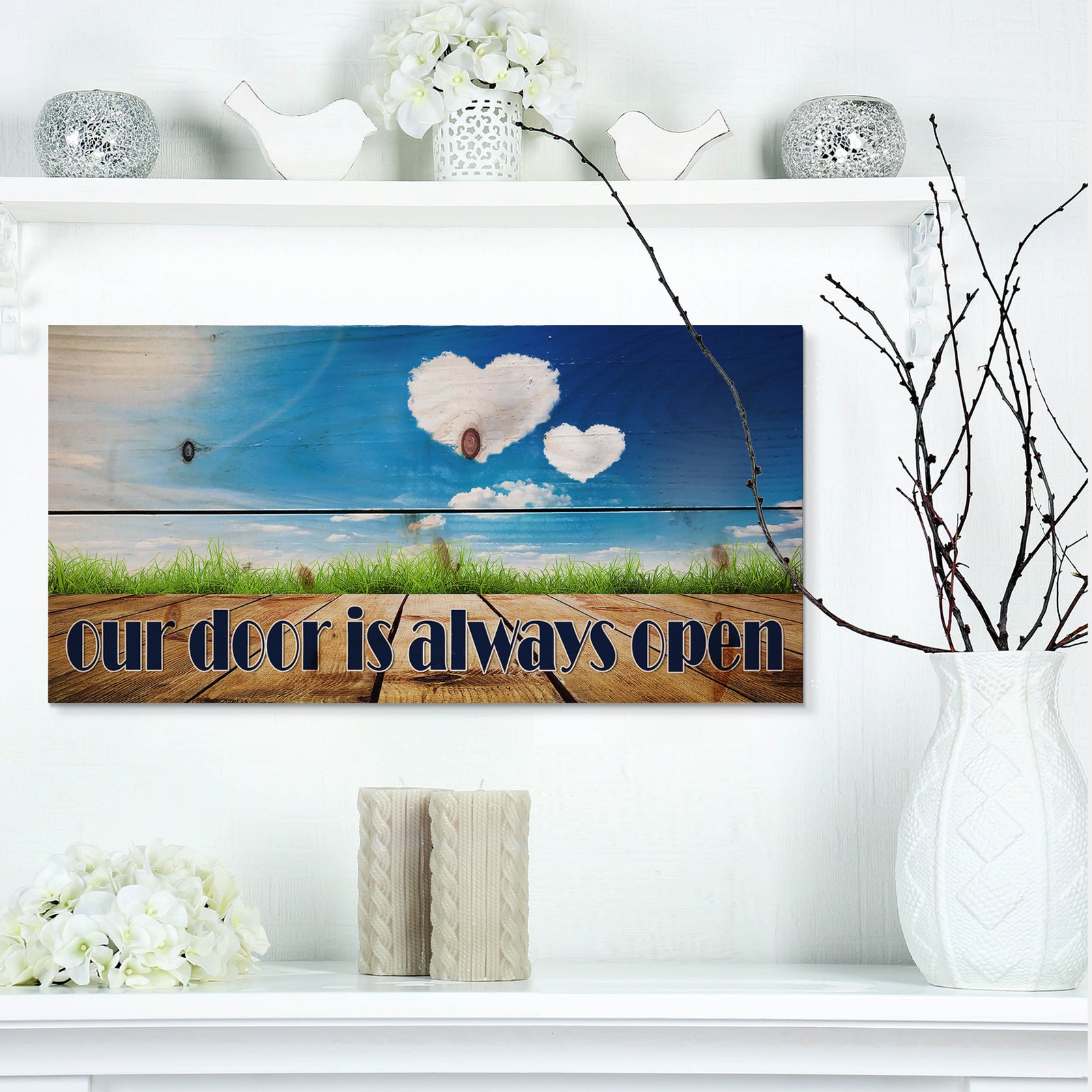 our door is always open. Blue sky - Textual Entrance Art on Wood Wall Art