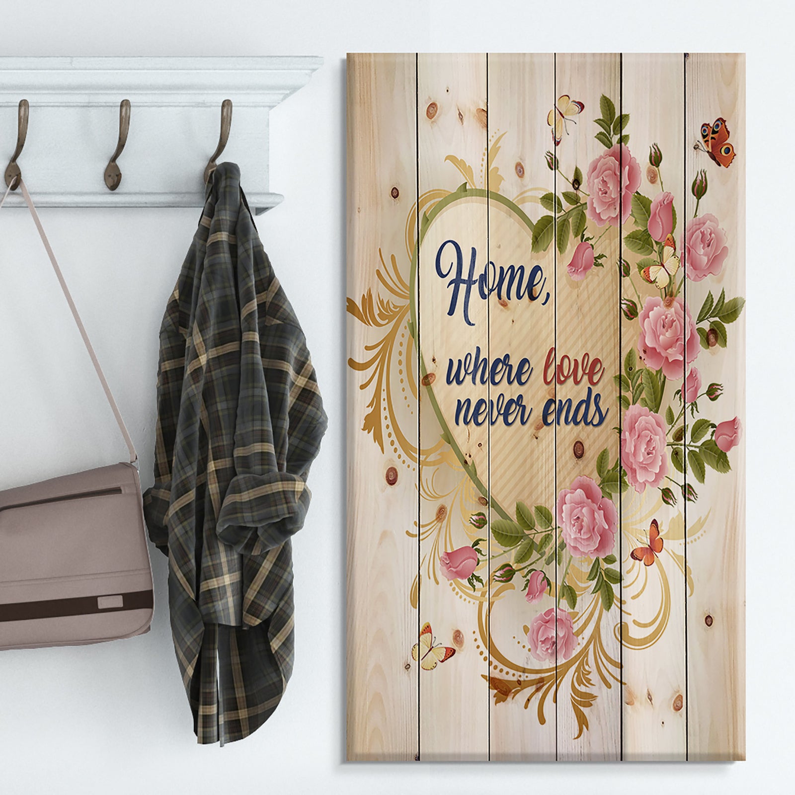 Home where Love never ends. Flower Heart - Textual Entrance Art on Wood Wall Art