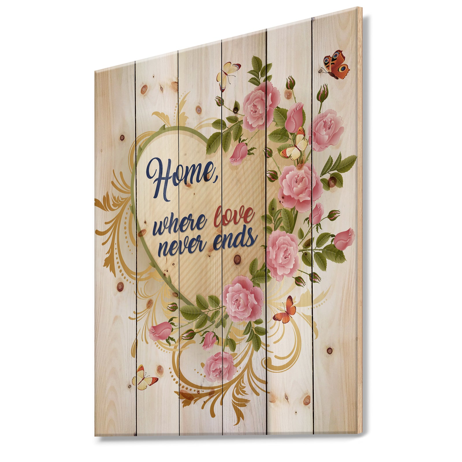 Home where Love never ends. Flower Heart - Textual Entrance Art on Wood Wall Art