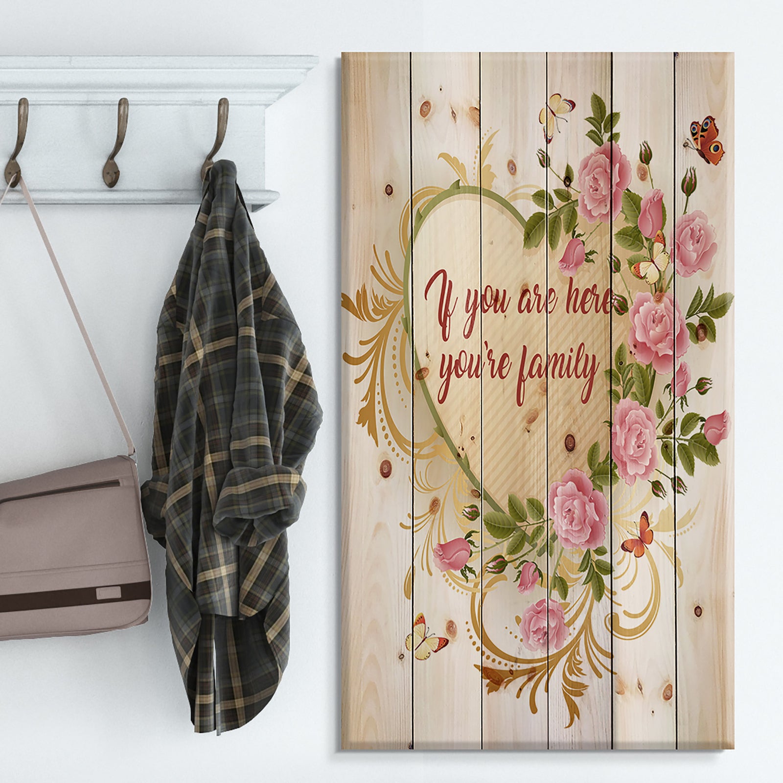 Home where Love never ends. Pink Roses - Textual Entrance Art on Wood Wall Art