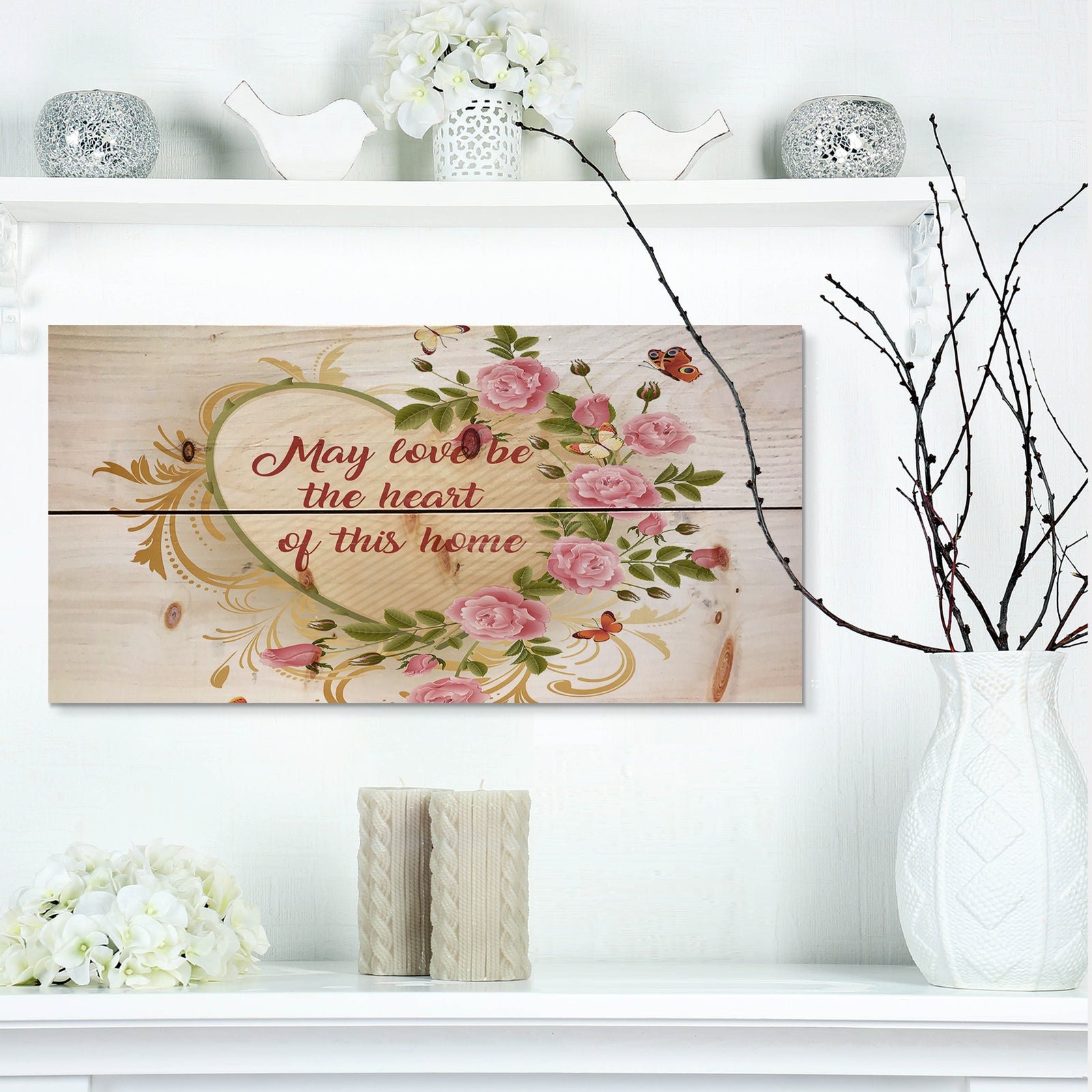 May love be the heart of this home. Butterfly and roses - Textual Entrance Art on Wood Wall Art