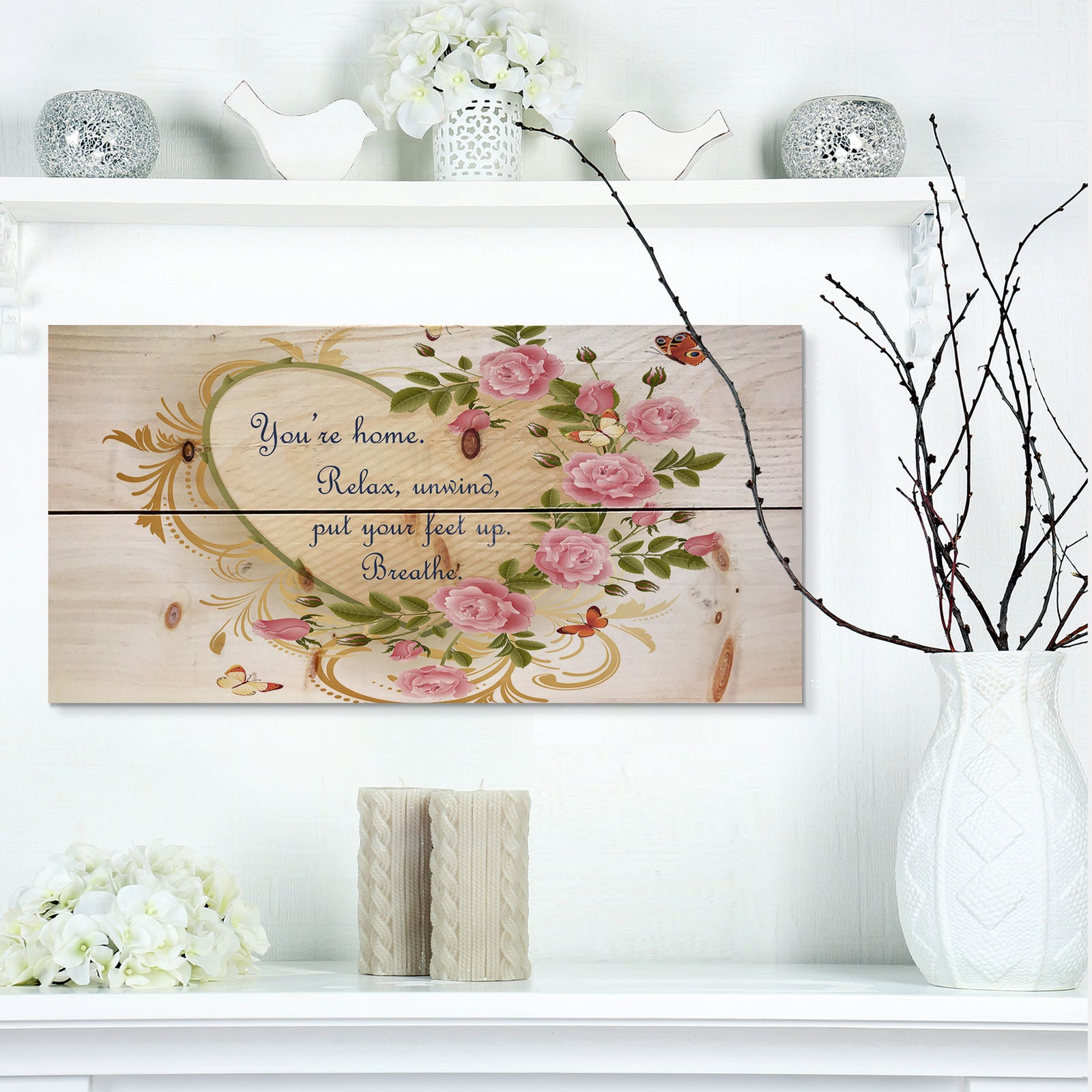 You're home. Relax. Floral heart - Textual Entrance Art on Wood Wall Art