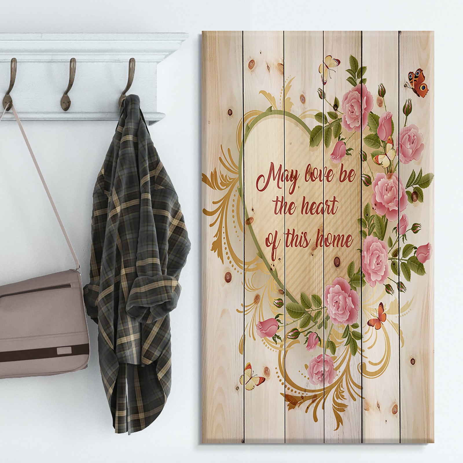 May love be the heart of this home. Golden floral heart - Textual Entrance Art on Wood Wall Art