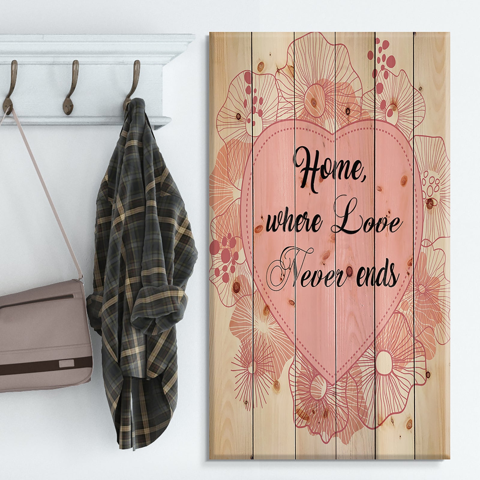 Home where Love never ends. Pink floral heart - Textual Entrance Art on Wood Wall Art