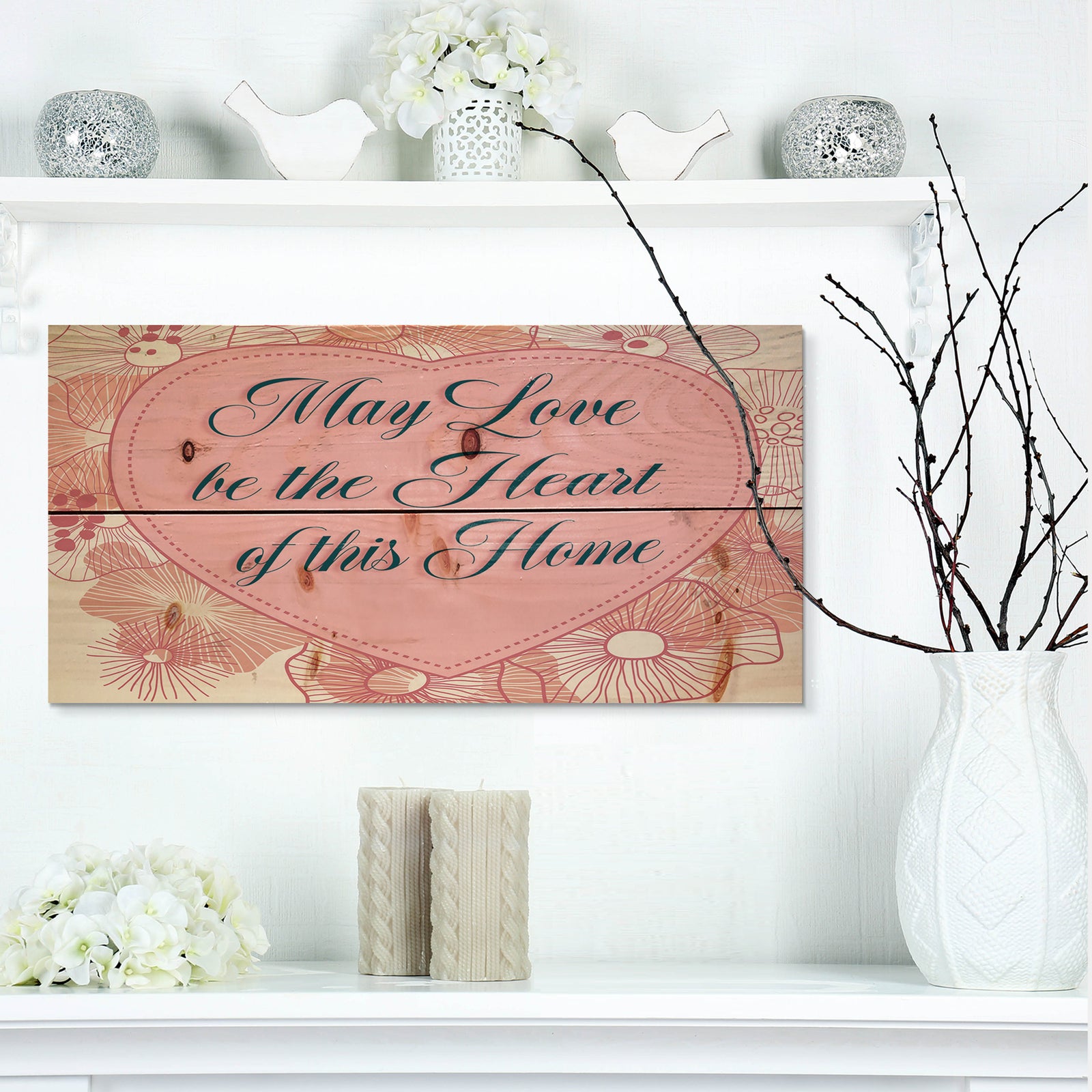 May love be the heart of this Home. Pink floral heart - Textual Entrance Art on Wood Wall Art