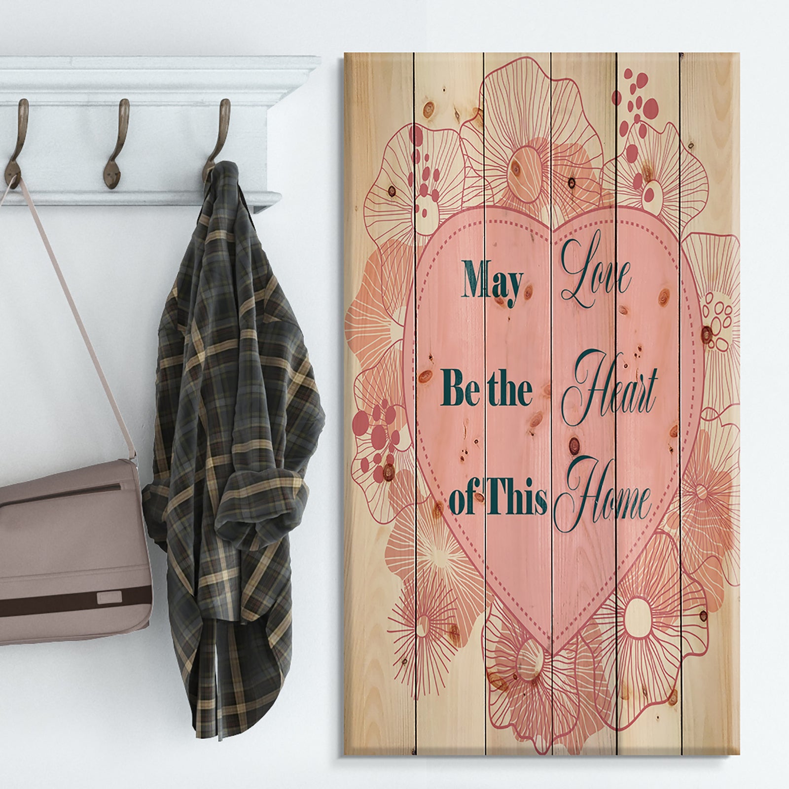 May love be the heart of this Home. Pink heart - Textual Entrance Art on Wood Wall Art