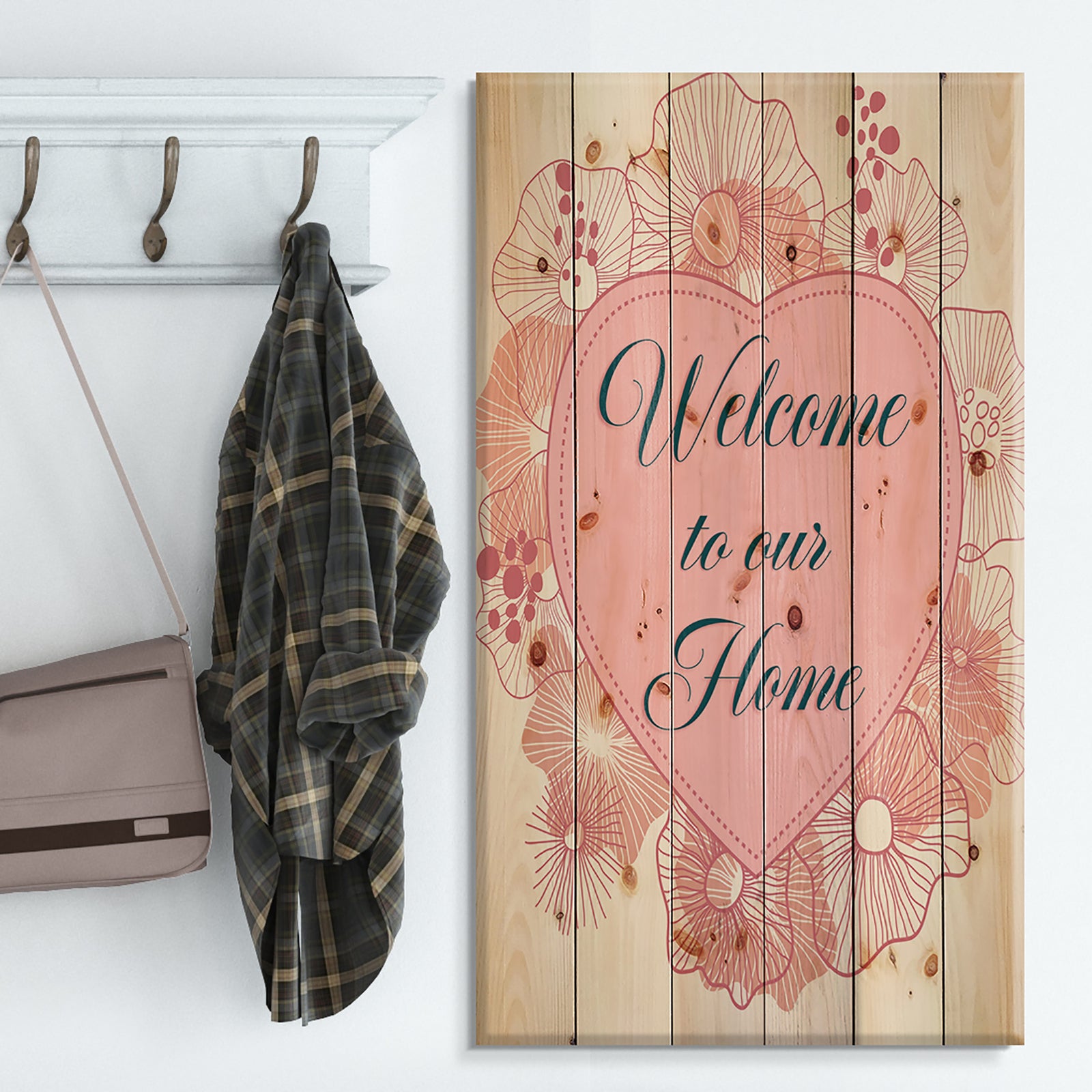 Welcome to our home. Floral heart - Textual Entrance Art on Wood Wall Art